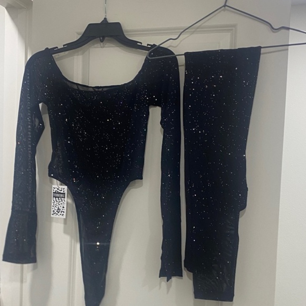 Fashion Nova Black Sparkle Two-Piece Jumpsuit Set